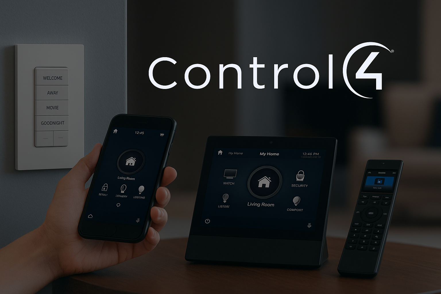 Control4 interface on wall panel controlling lights and audio