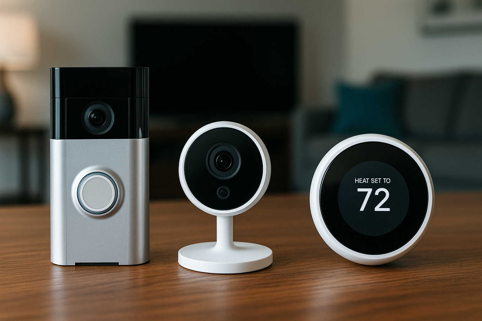 Ring doorbell, Nest thermostat, Wyze camera on a table